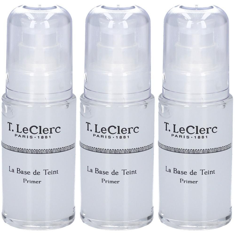 Trois flacons T. LeClerc La Base de Teint Primer avec pompe et capuchon transparent.