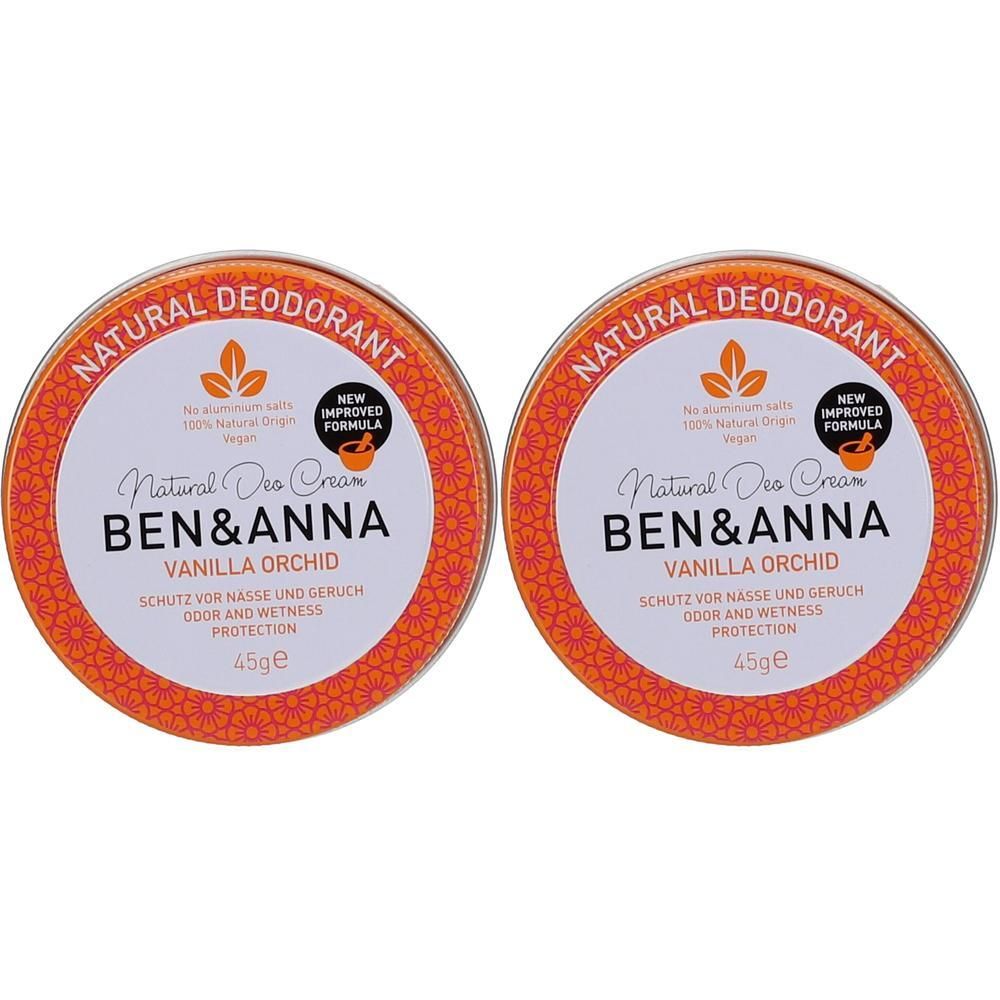 Deux boîtes rondes BEN & ANNA Vanille Orchidée déodorant naturel, 45g chacune.