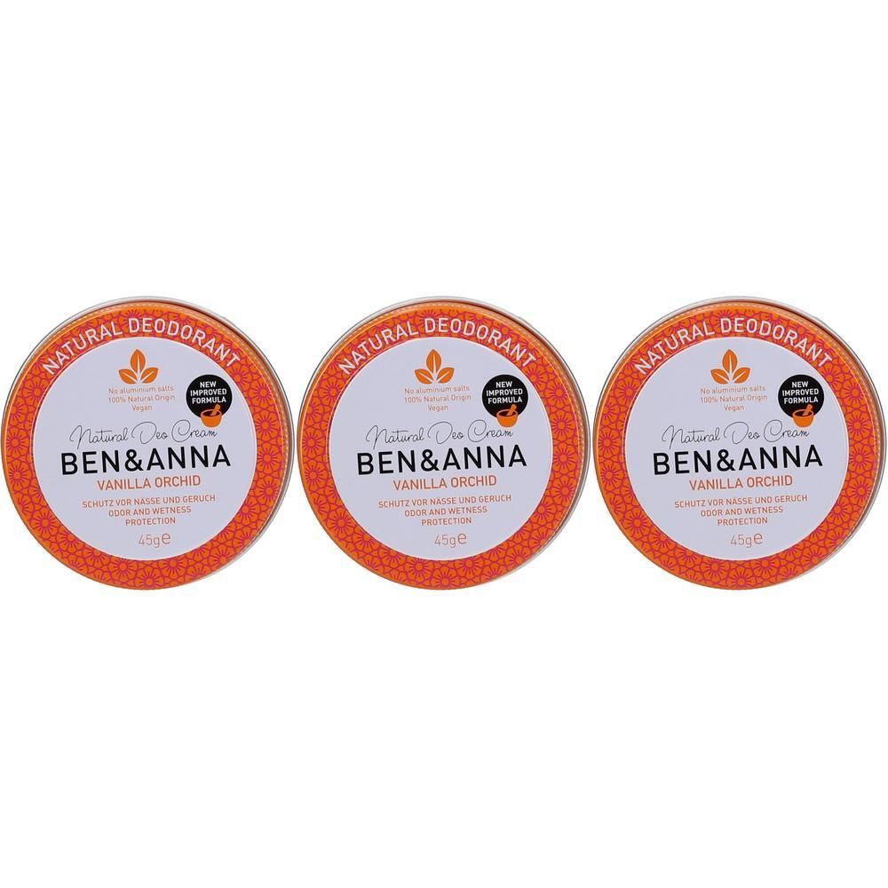 Drie blikjes Ben & Anna Vanille Orchidee natuurlijke deodorant, 45g.