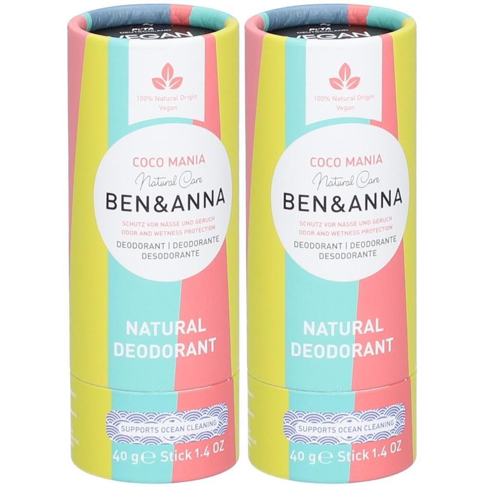Twee Ben & Anna natuurlijke deodorant sticks in kleurrijke papieren verpakking. 40g.
