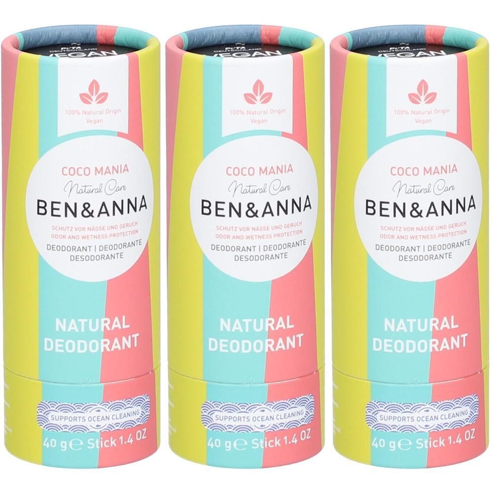 Trois déodorants naturels BEN & ANNA Coco Mania en tube papier. Stick 40g.
