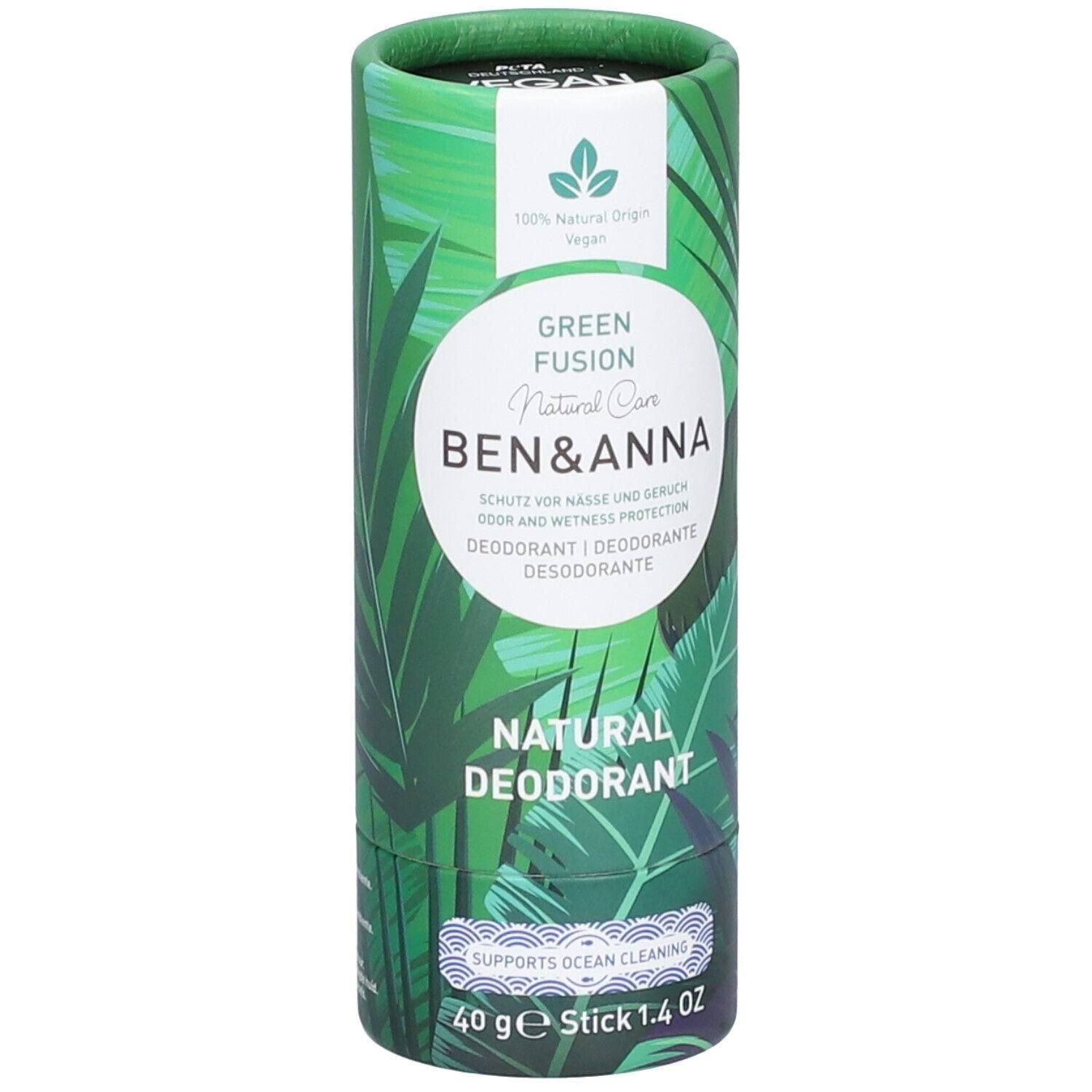 BEN & ANNA Natural Deodorant Stick, 40g. Groene verpakking met plantenmotieven. "Supports Ocean Cleaning".