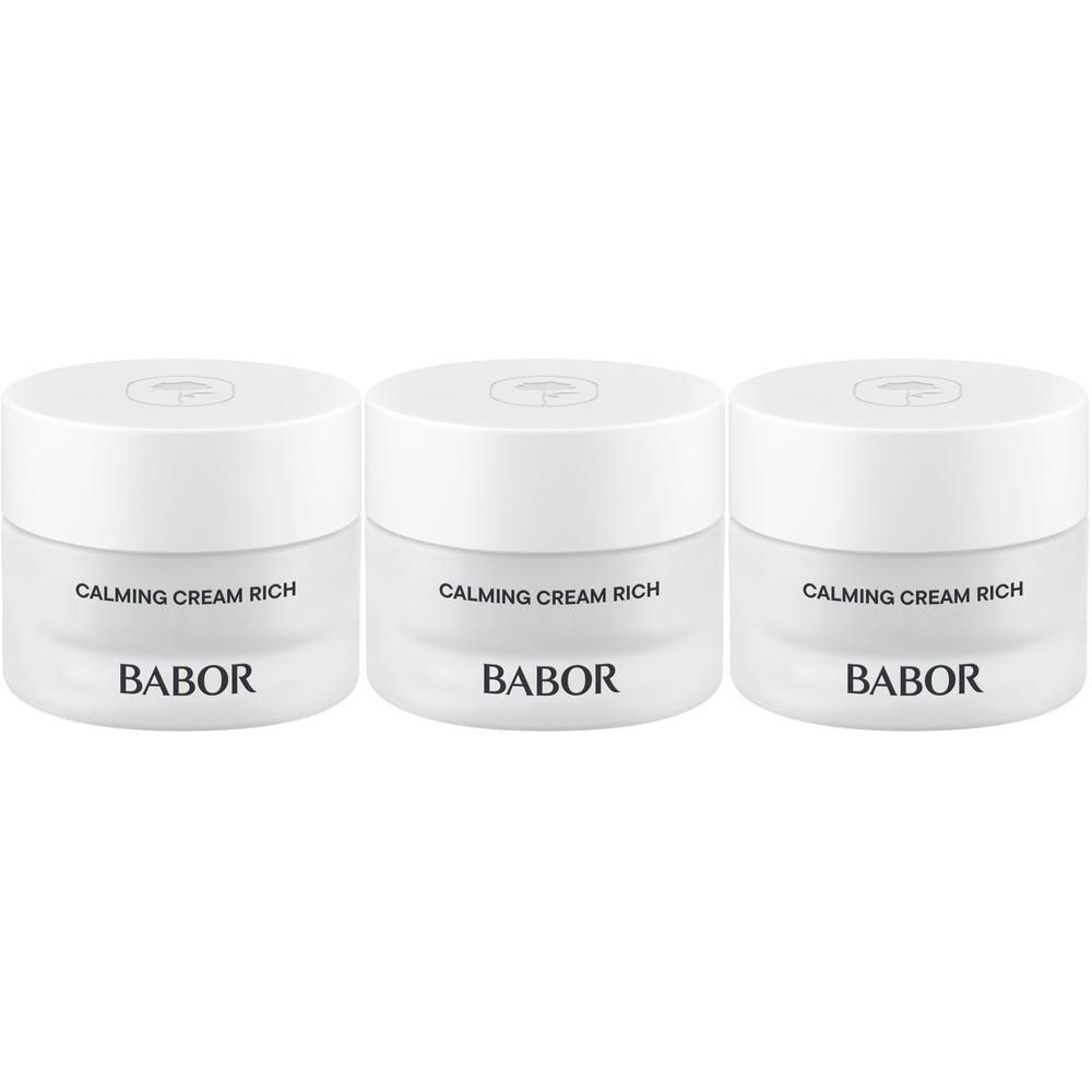 Trois pots de Babor Calming Cream Rich côte à côte.