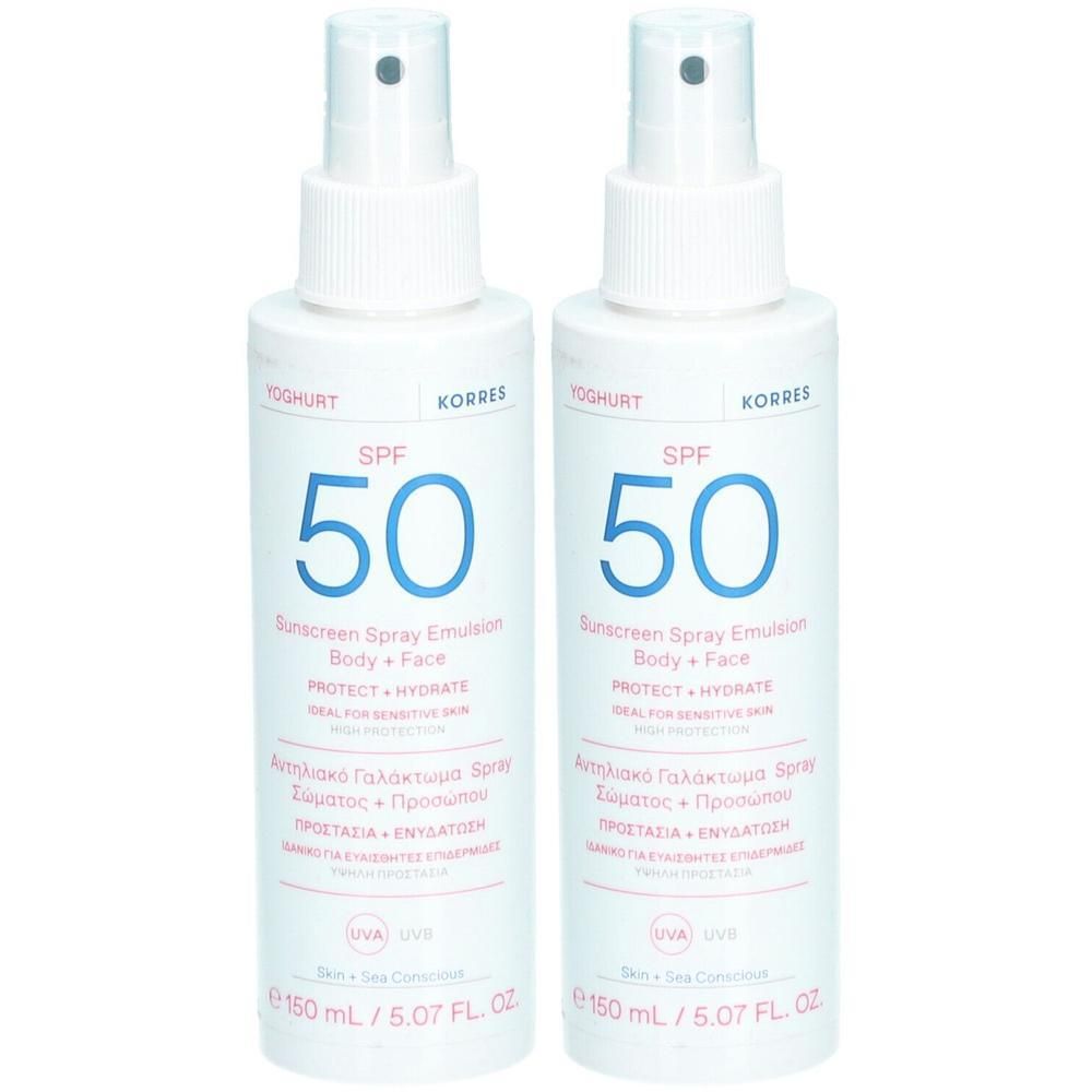 Twee Korres Zonnebrand Spray Emulsie SPF 50 voor lichaam en gezicht, 150 ml.