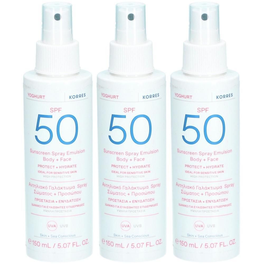 Drie Korres Yoghurt Zonnebrand Spray Emulsie flessen, SPF 50, voor lichaam en gezicht.