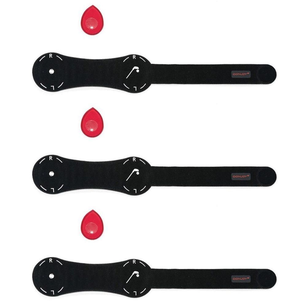 Drie zwarte elleboogbanden met rode druppelvormige applicators.