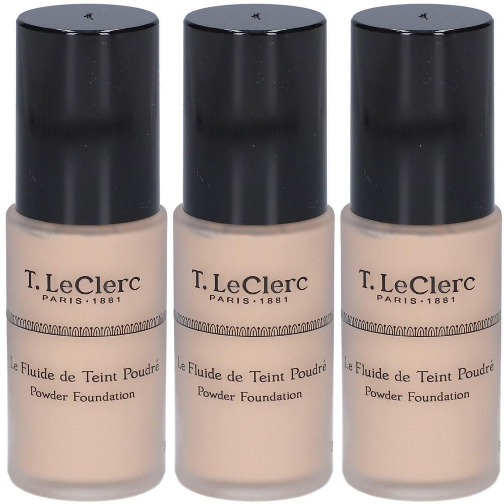 Drie flesjes T. LeClerc Poudre Foundation, kleur 02 Clair Rosé Mat.