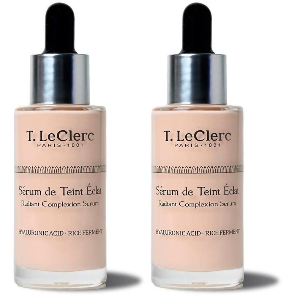 Deux flacons de T. LeClerc Sérum De Teint Eclat Anti Age - 04 Nude avec pipettes.