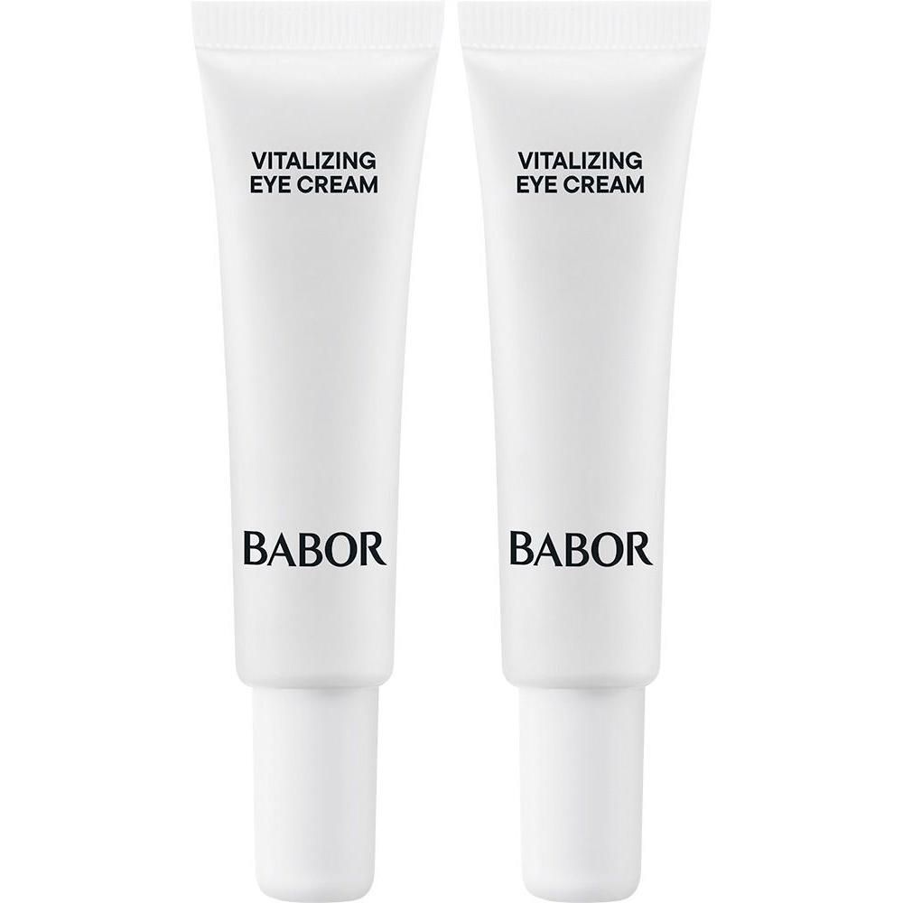 Twee witte tubes Babor Vitalizing Eye Cream met zwarte opdruk.