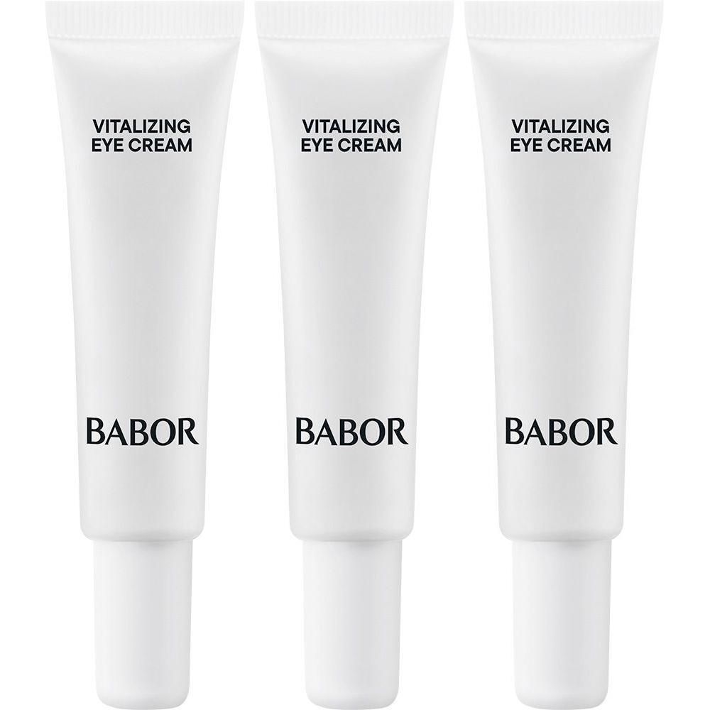 Drie witte tubes Babor Vitalizing Eye Cream met zwarte opdruk.