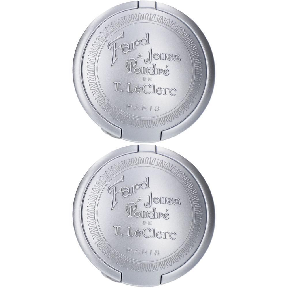 Twee ronde zilverkleurige poederdoosjes met T. LeClerc logo in reliëf.