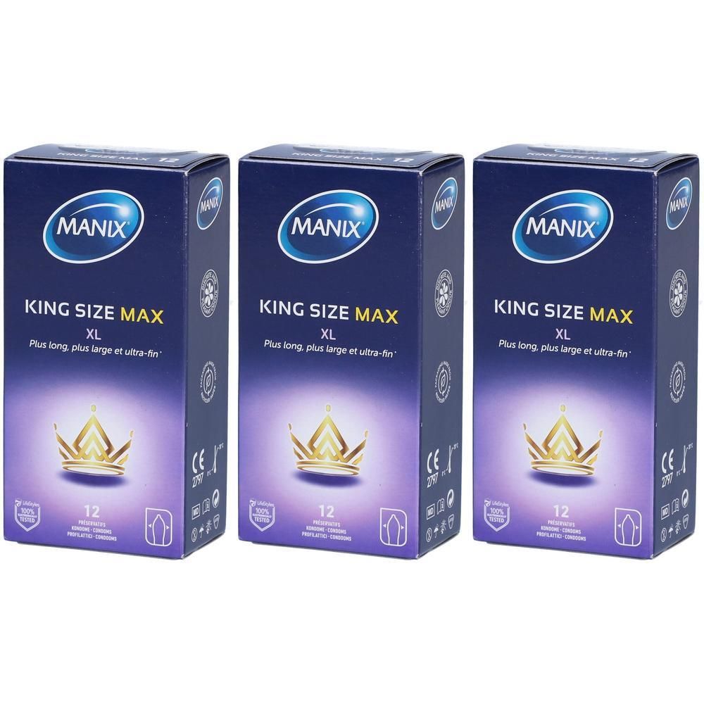 Drie pakken Manix King Size Max XL condooms met kroon en CE-markering.