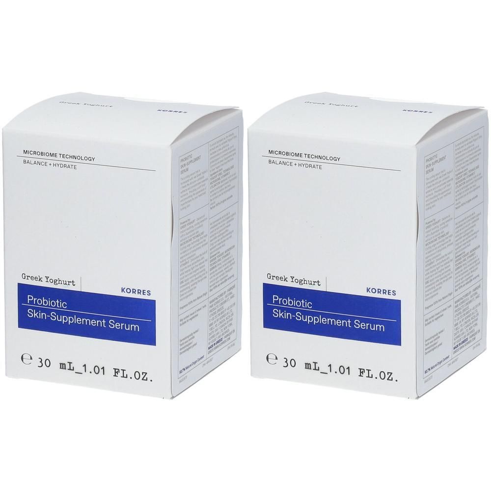 Deux boîtes de Sérum Supplément Probiotique pour la Peau Korres, 30 ml chacune.
