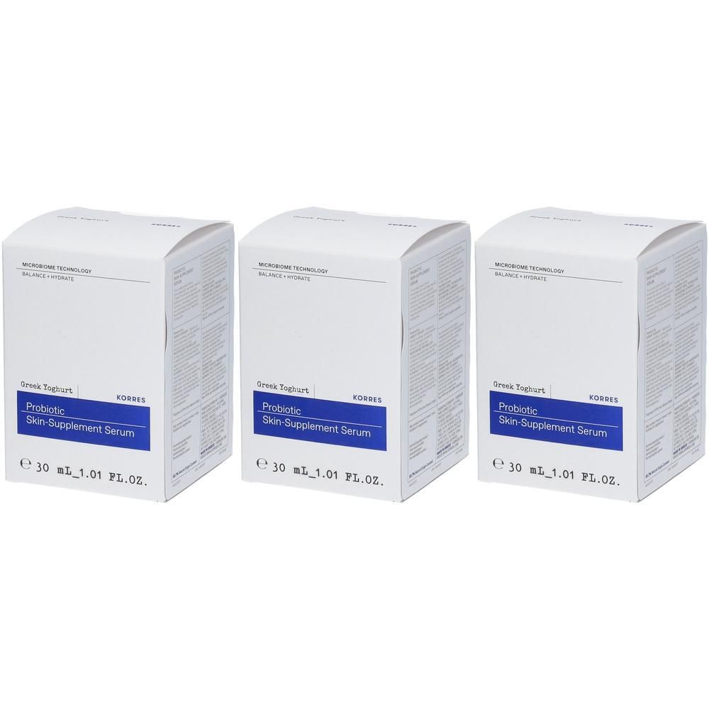 Trois boîtes de Sérum Supplément Probiotique pour la Peau Korres, 30 ml chacune.