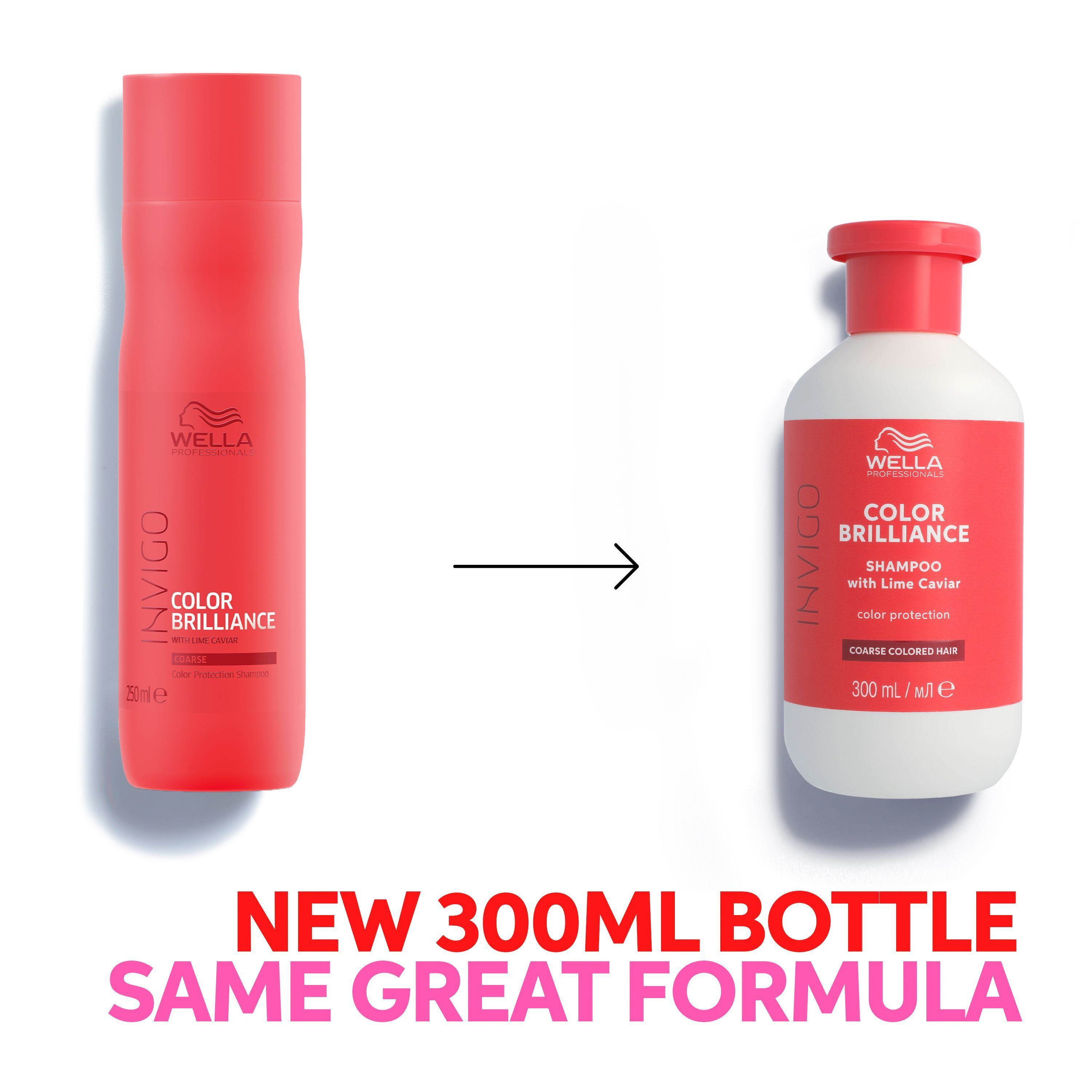 Vergelijking Wella Color Brilliance Shampoo: oude rode fles links, nieuwe witte fles rechts. 300 ml.