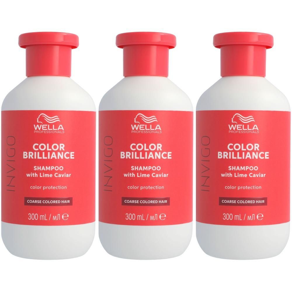 Trois bouteilles de shampooing WELLA PROFESSIONALS Invigo Color Brilliance avec caviar de citron vert pour cheveux colorés, 300 ml chacune.