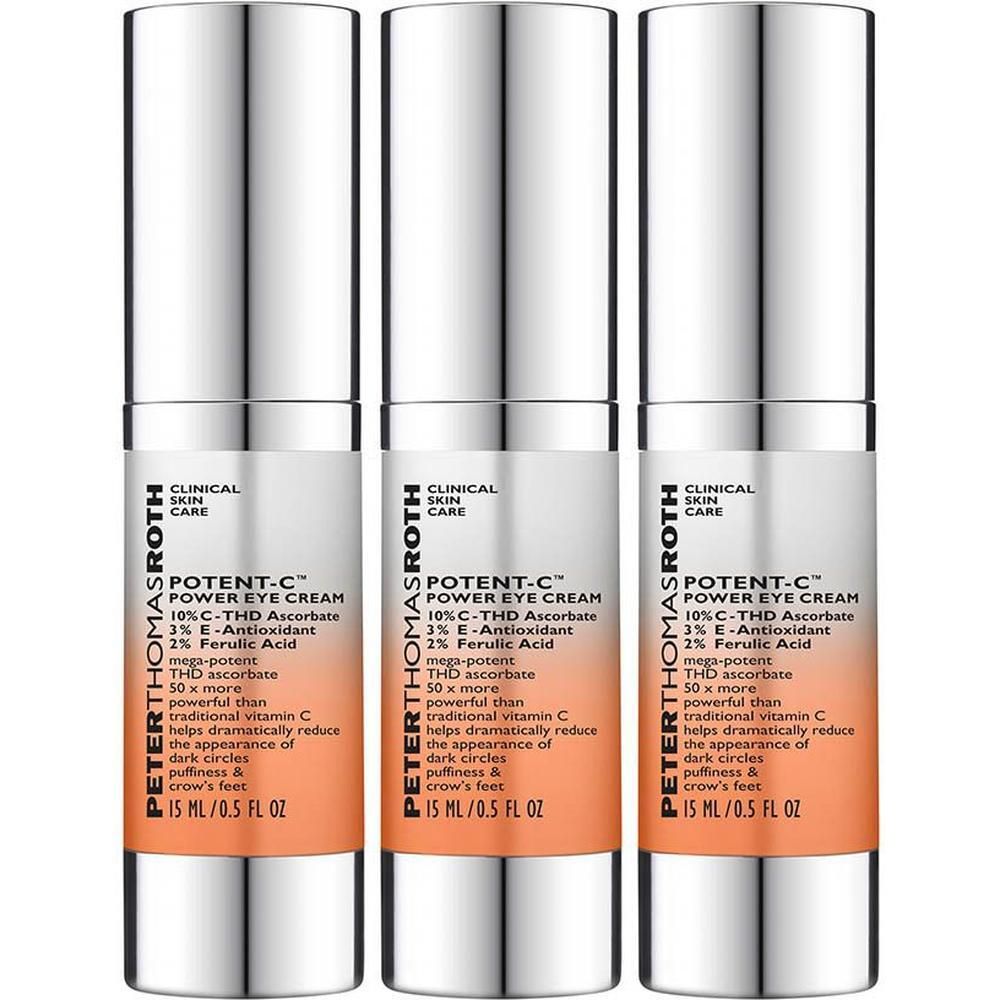 Drie zilveren dispensers met Peter Thomas Roth Potent C Power Eye Cream etiket.