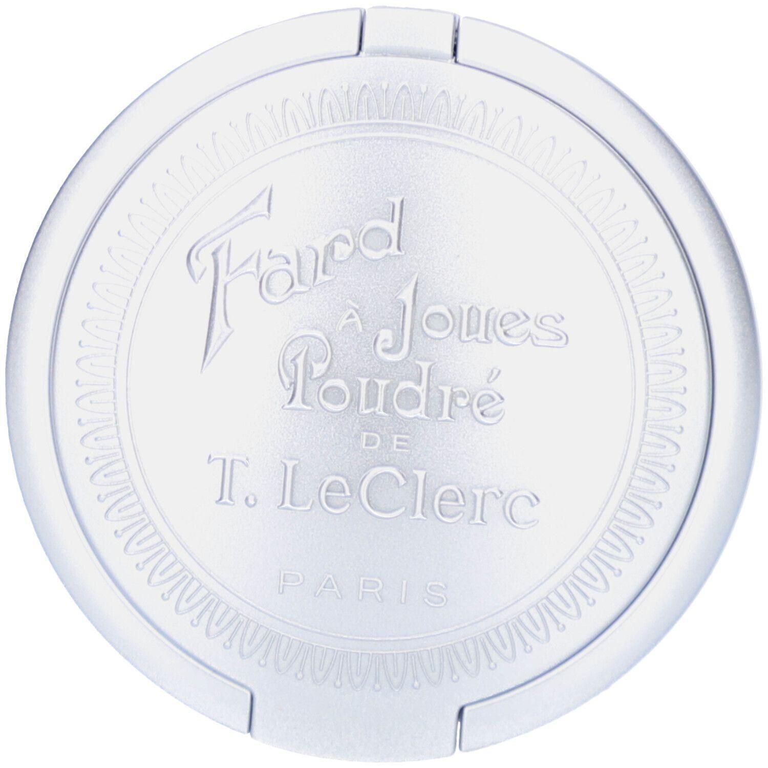 Boîtier rond argenté avec texte en relief : "Fard à Joues Poudré de T. LeClerc Paris".