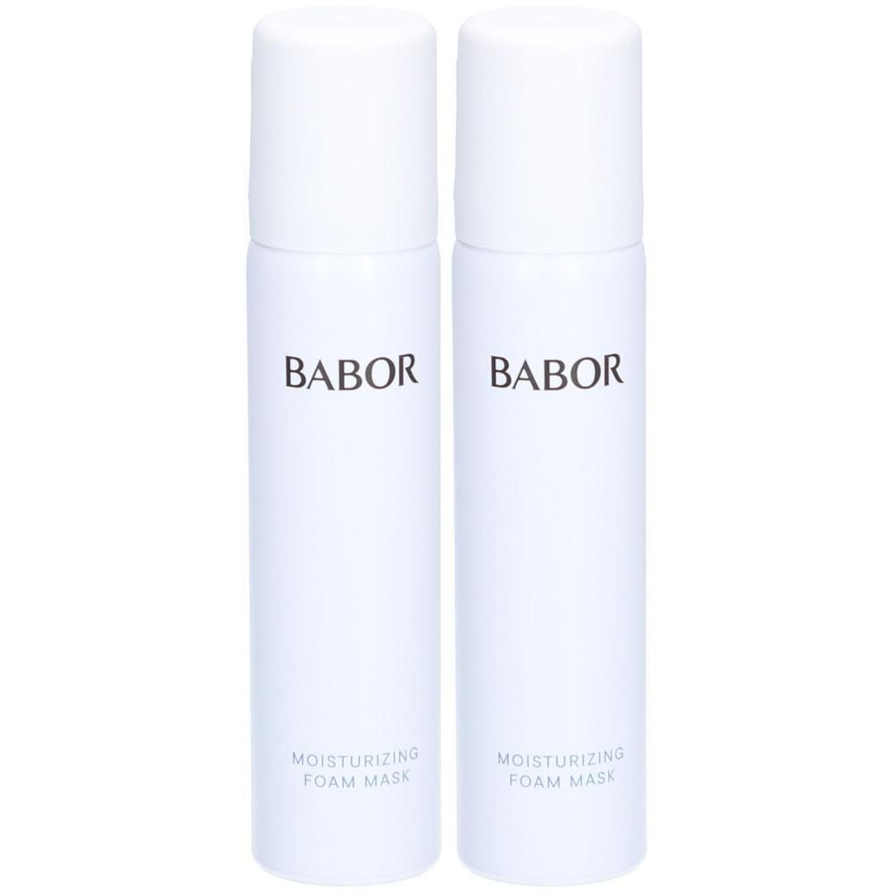 Deux aérosols blancs avec le logo Babor et l'inscription "Moisturizing Foam Mask".