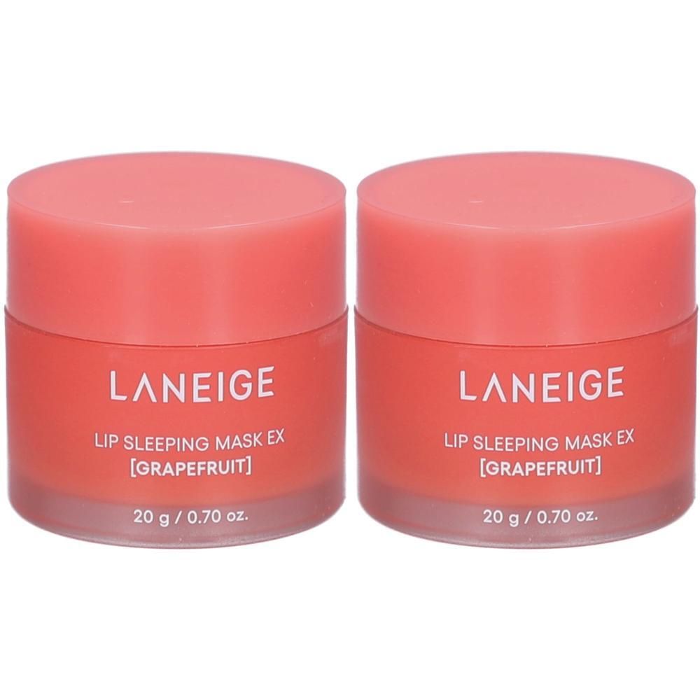 Deux pots de LANEIGE Lip Sleeping Mask EX Pamplemousse, 20g chacun.