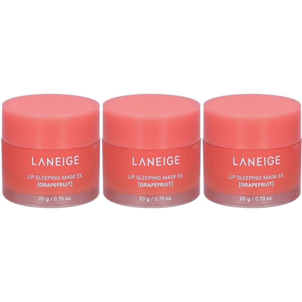 Drie Laneige Lip Sleeping Masks met grapefruitsmaak, elk 20g.