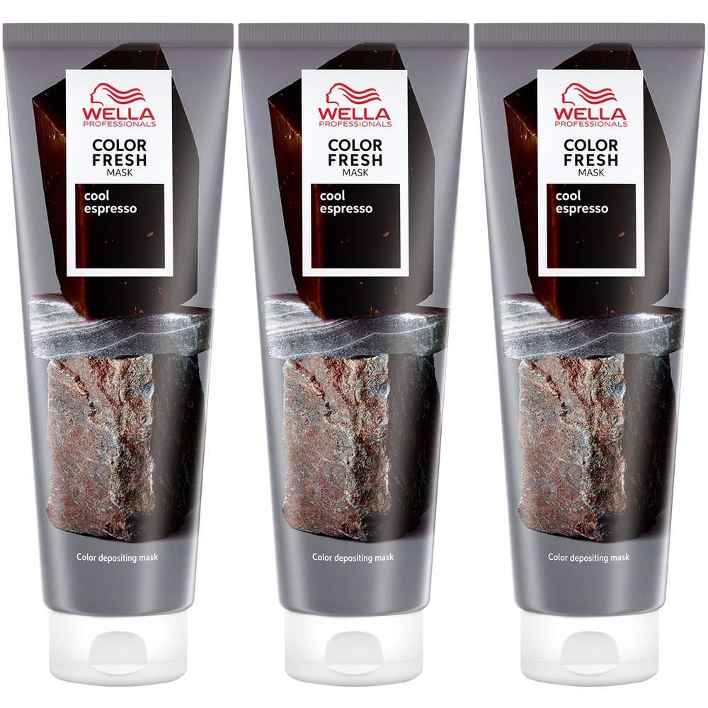Drie tubes Wella Professionals Color Fresh Mask Cool Espresso, een haarkleurmasker.