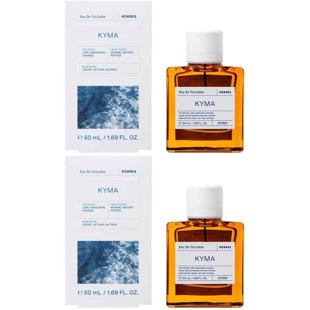 Deux flacons de Korres Eau de Toilette Kyma avec bouchons blancs et liquide ambré. Boîtes à côté.