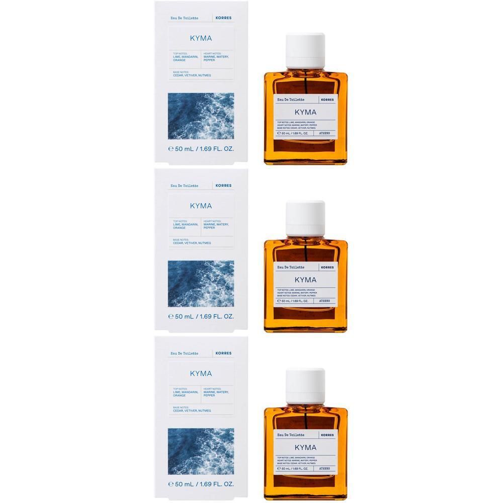 Drie flacons Korres Eau de Toilette Kyma met witte doppen en dozen met golvend patroon.
