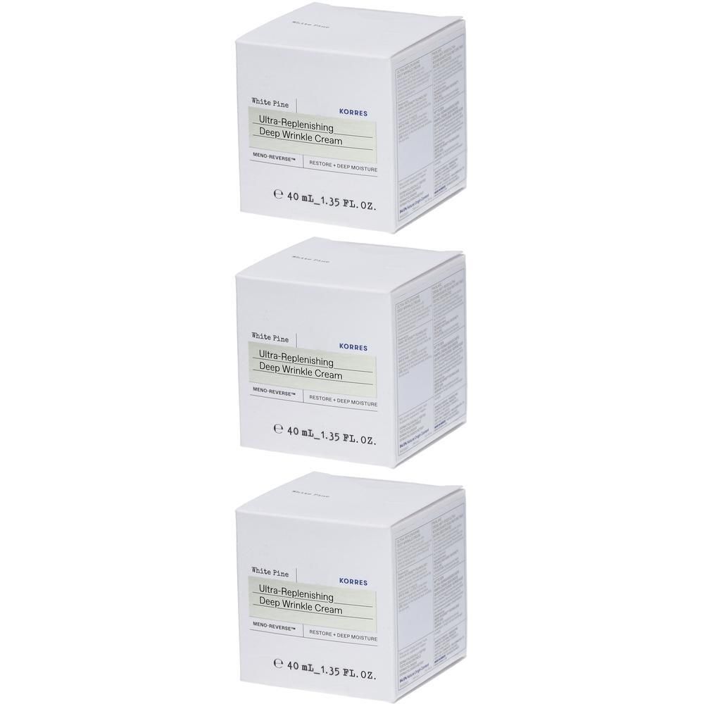 Trois boîtes blanches de crème anti-rides Korres, 40 ml.