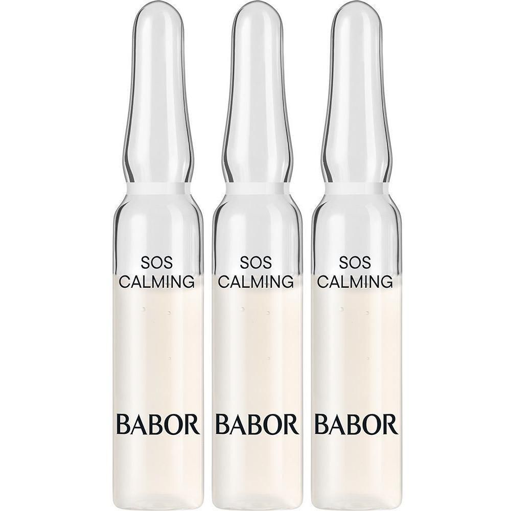 Drie BABOR SOS Calming ampullen met heldere vloeistof en wit etiket.