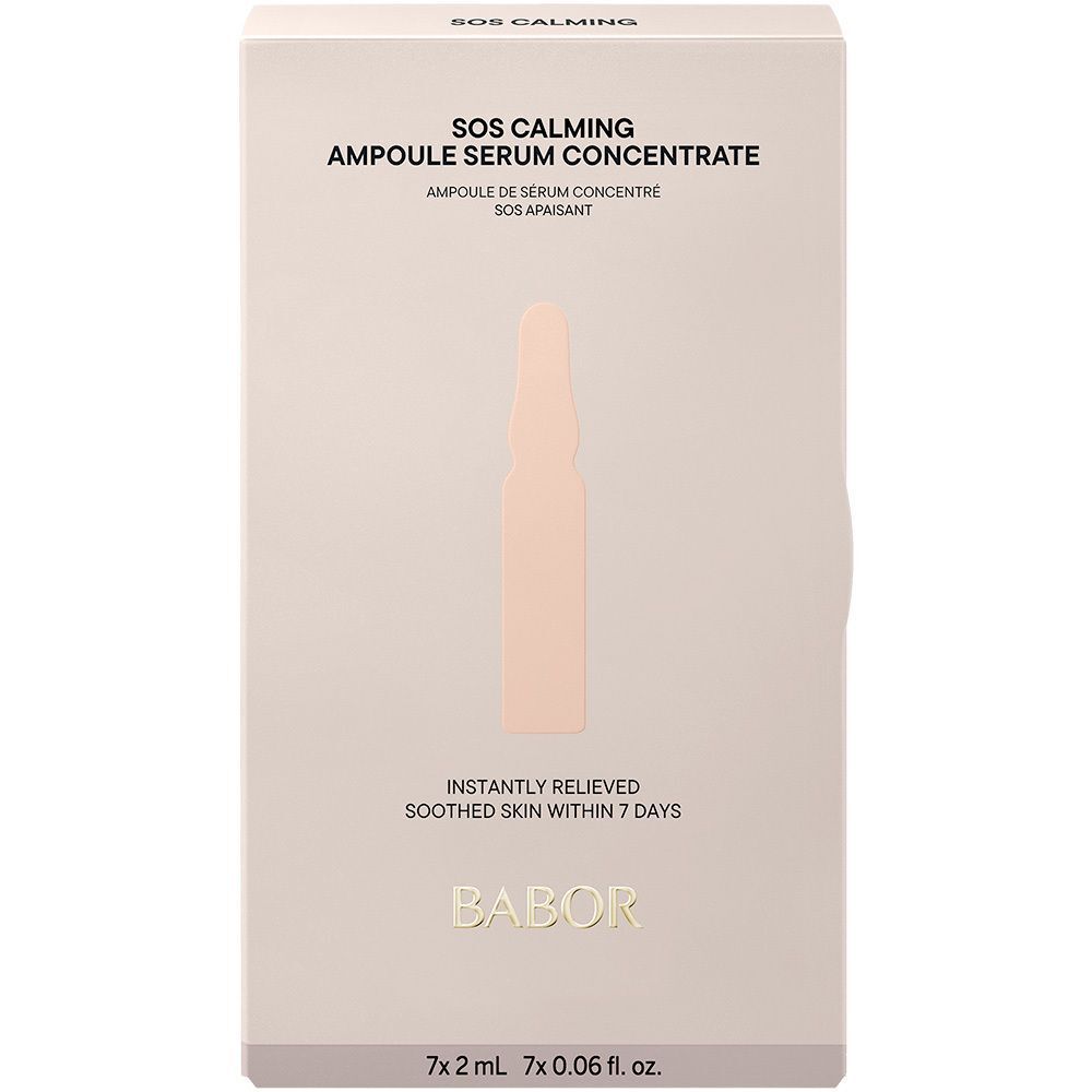 Emballage pour ampoules BABOR SOS Calming, montrant une ampoule et du texte.