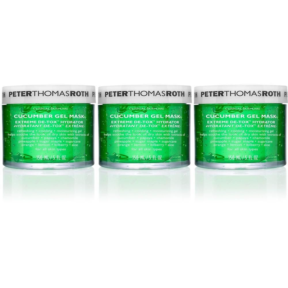 Drie potten Peter Thomas Roth Cucumber Gel Mask Extreme De-Tox Hydrator.