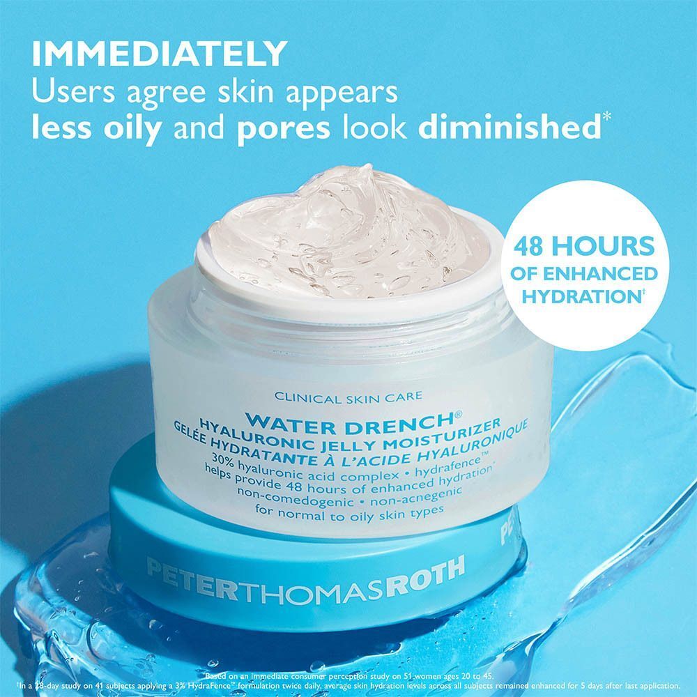 Pot de Peter Thomas Roth Water Drench Hyaluronic Jelly Moisturizer offrant 48 heures d'hydratation.