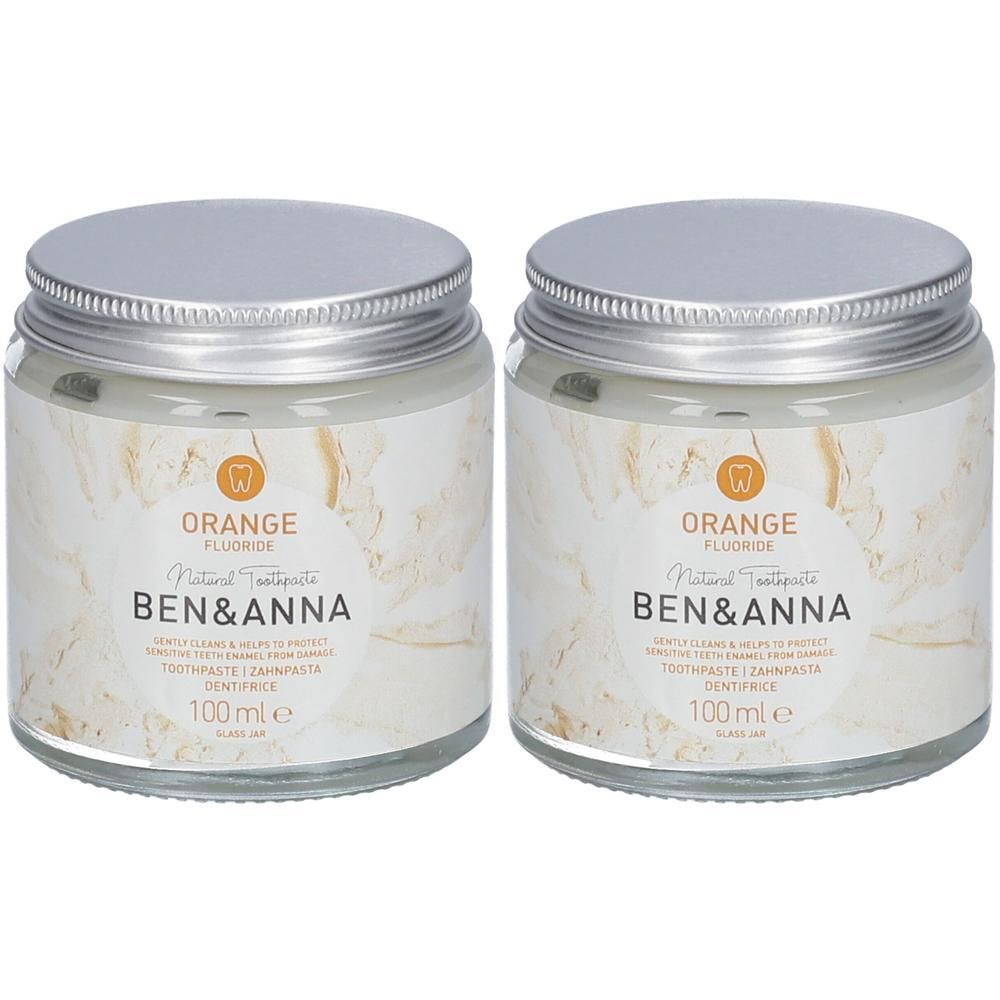 Deux pots de dentifrice naturel Ben & Anna Orange Fluoride, 100 ml.