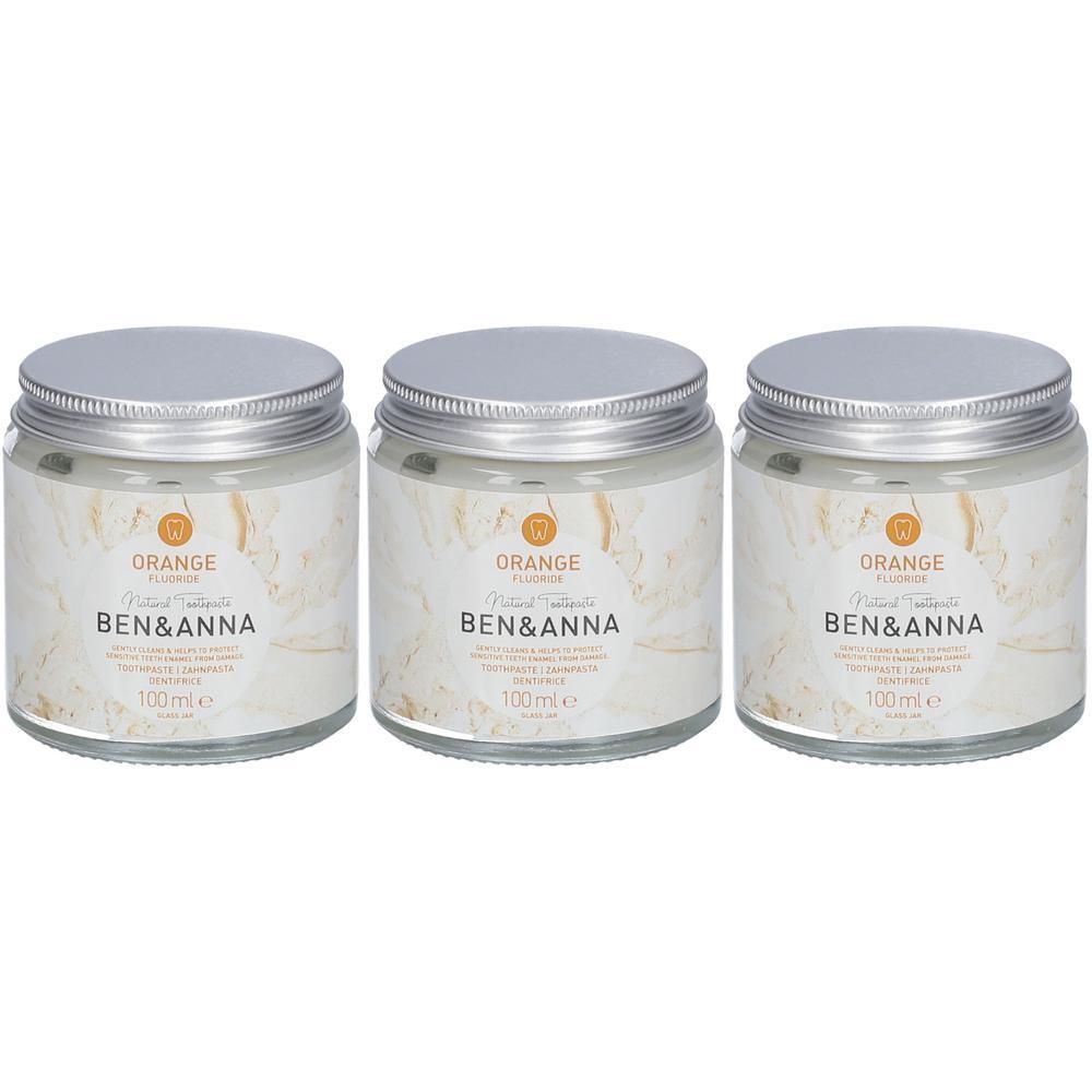 Drie potten Ben & Anna natuurlijke tandpasta Oranje Fluoride, elk 100ml.