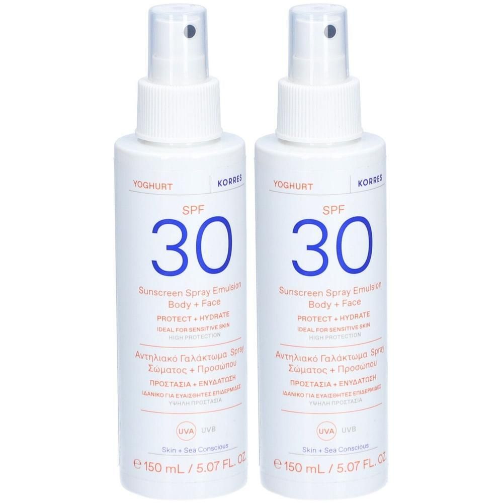 Twee Korres zonnebrandcrème spray-emulsies, SPF 30, 150 ml.