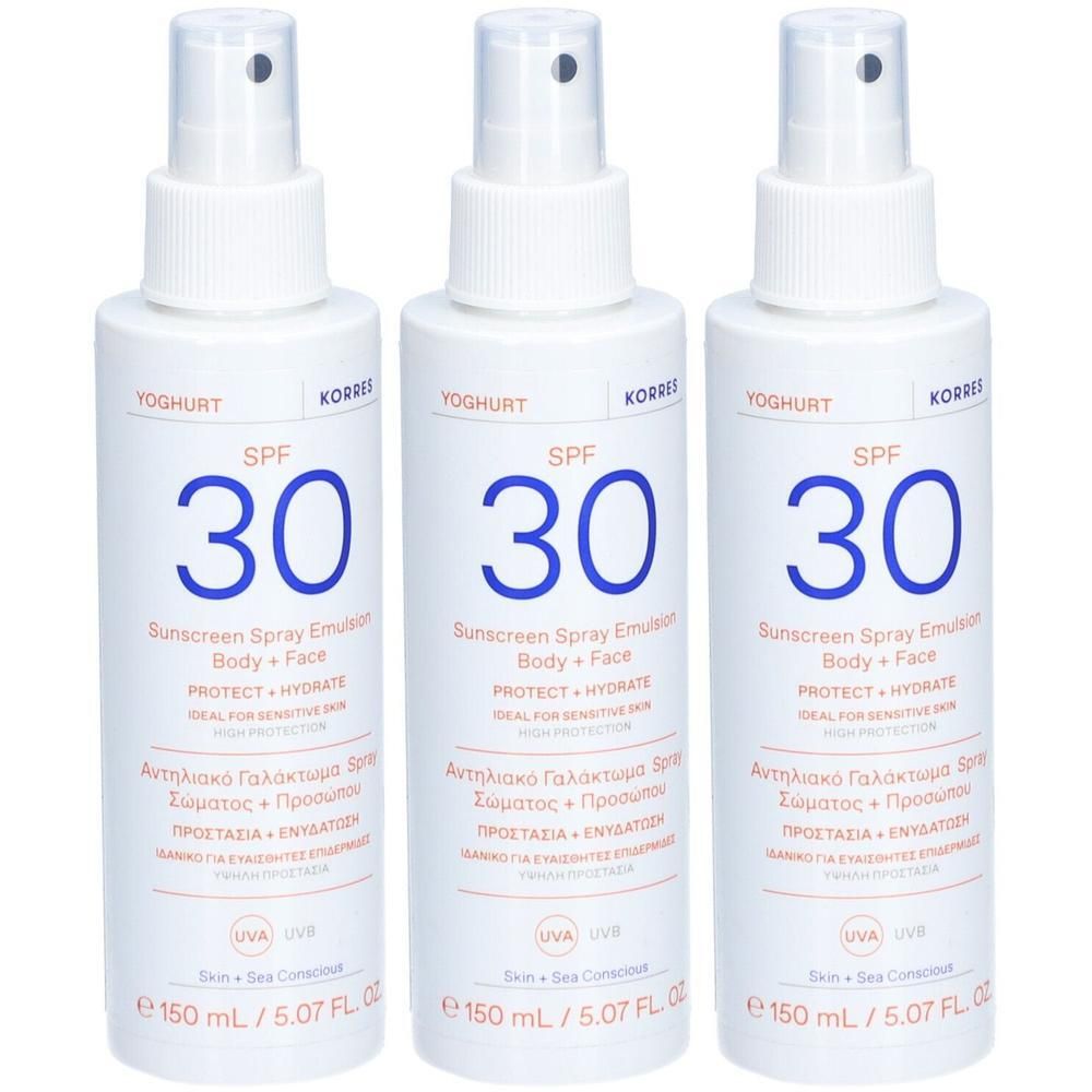 Trois émulsions spray solaire Korres, SPF 30, 150 ml.