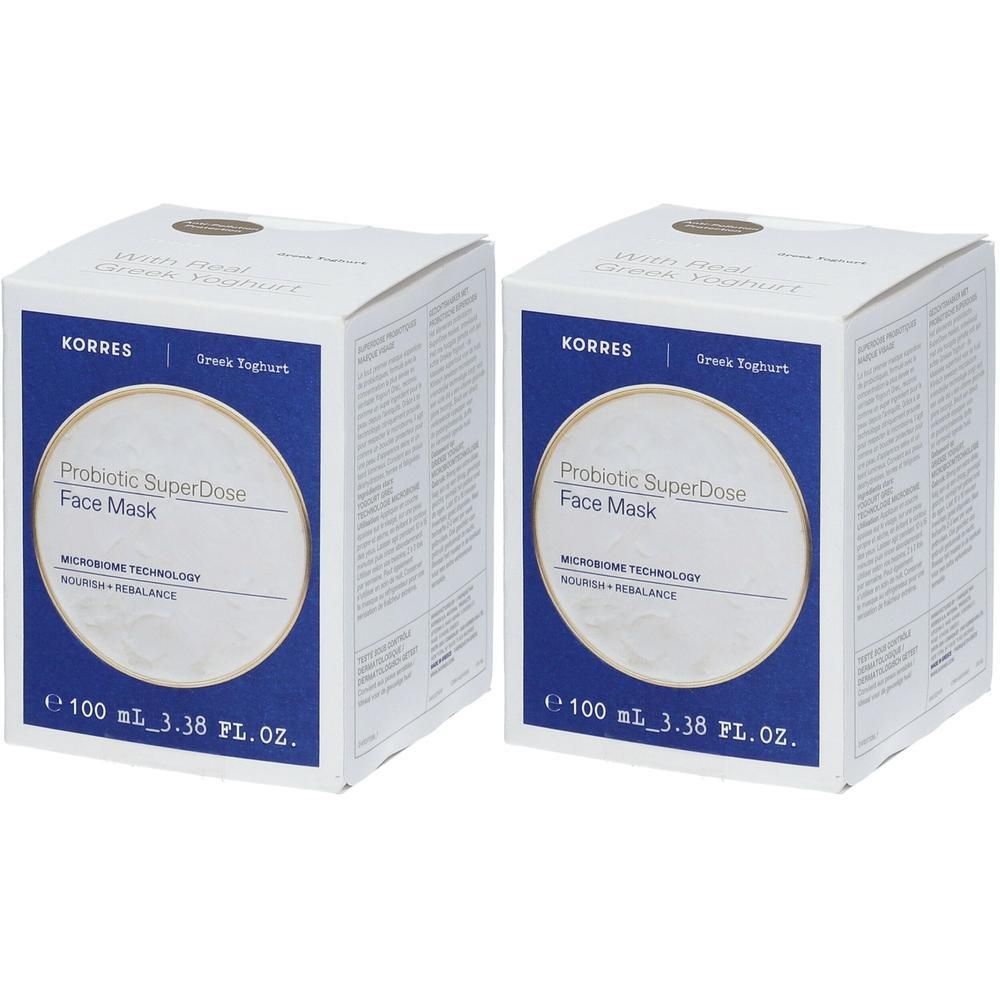 Deux boîtes de masque facial Korres Probiotic SuperDose au yaourt grec.