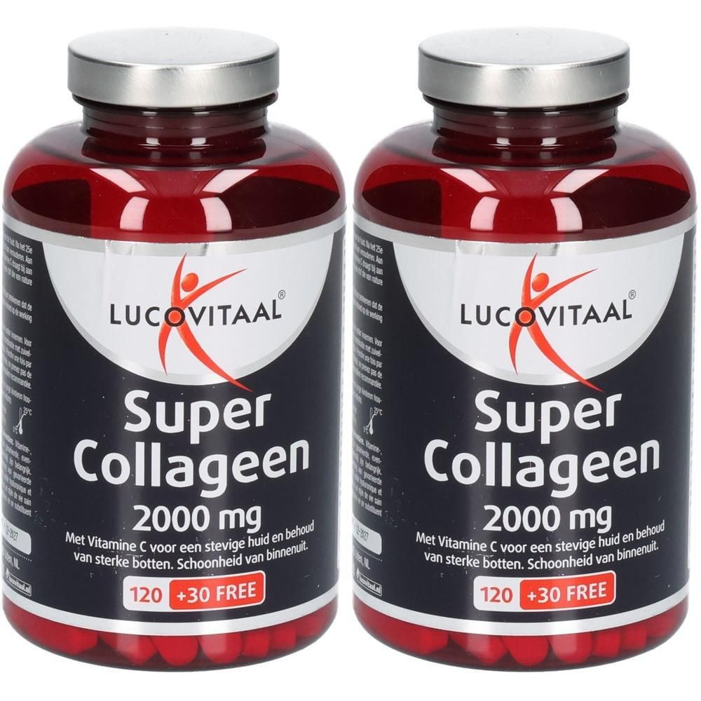 Twee flessen Lucovitaal Super Collageen, 2000 mg. Rode potjes met zilveren doppen.