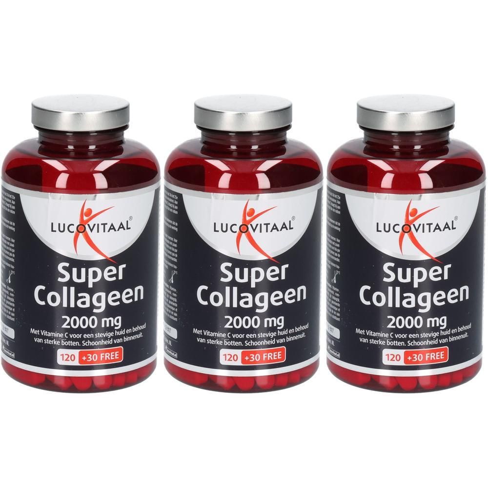 Drie flessen Lucovitaal Super Collageen 2000 mg. Donkerrode potjes met zilverkleurige doppen.