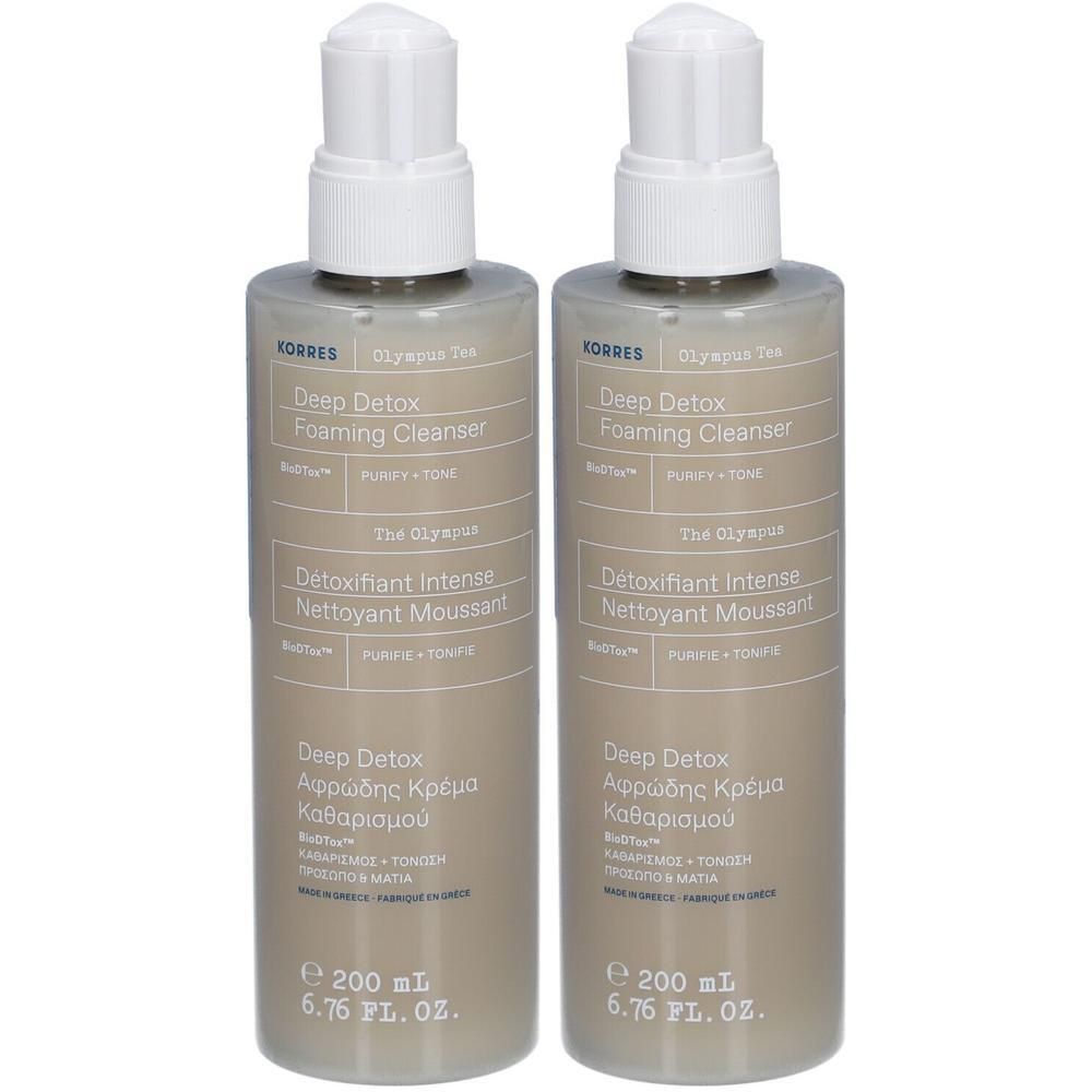 Deux flacons de nettoyant moussant Korres Deep Detox, 200 ml chacun.