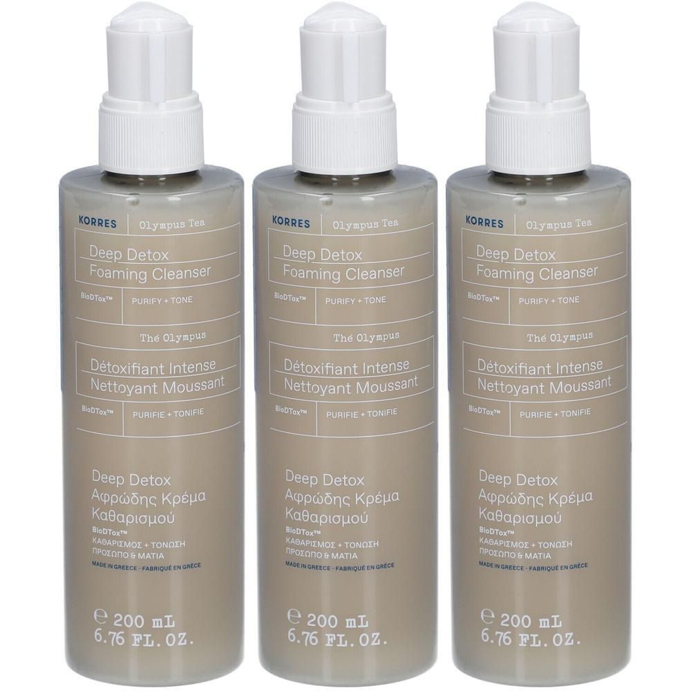 Trois nettoyants moussants Korres Deep Detox en flacons de 200ml avec pompes.