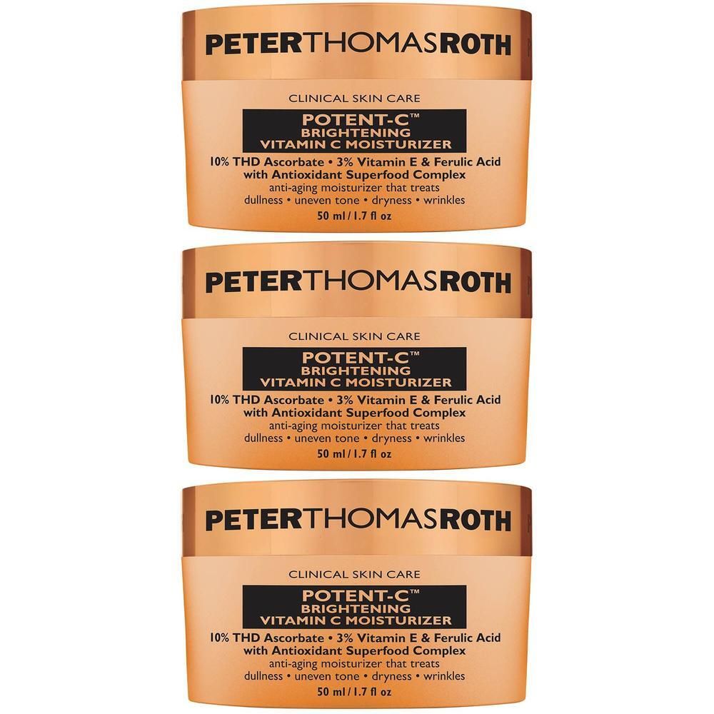 Drie potten Peter Thomas Roth Potent C Brightening Vitamin C Moisturizer naast elkaar.
