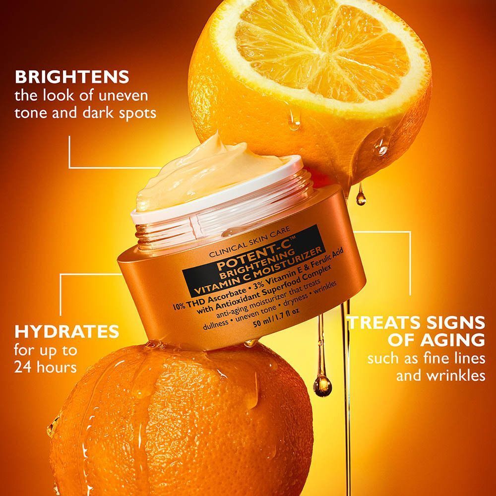 Peter Thomas Roth Potent C Brightening Vitamin C Moisturizer avec tranches d'orange et texte.