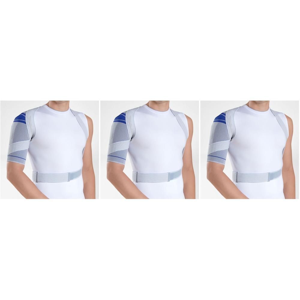 Bandage d'épaule avec motif bleu-gris et une sangle thoracique.
