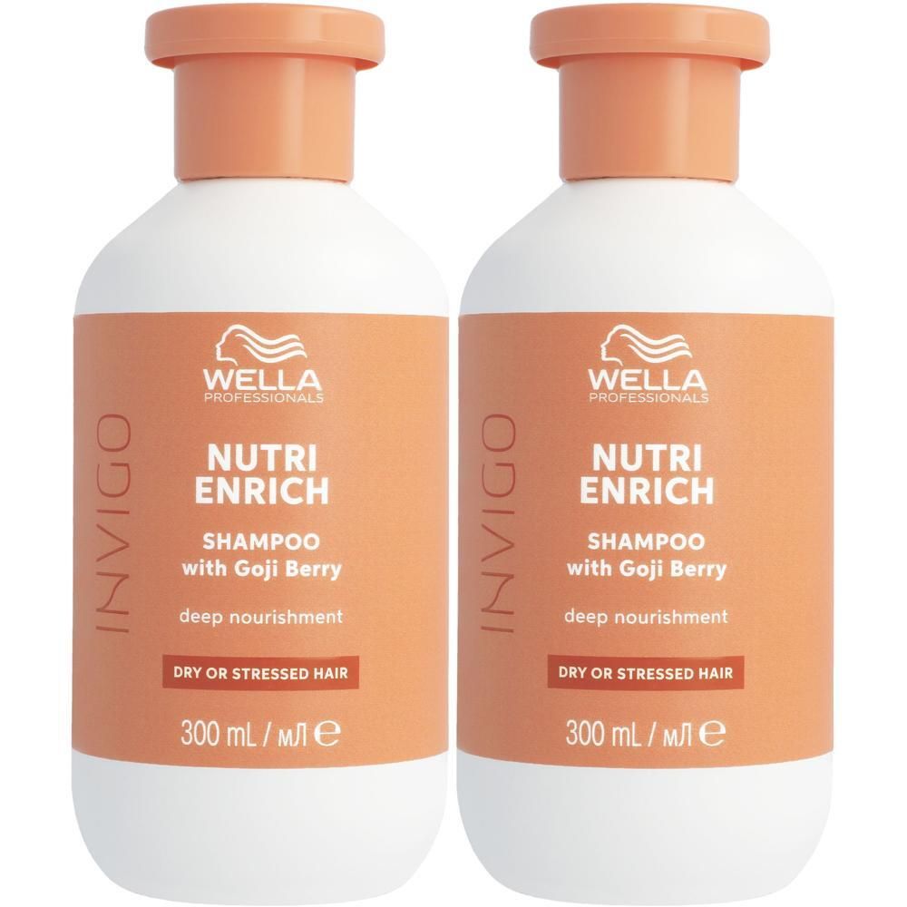 Twee flessen Wella Invigo Nutri Enrich Shampoo voor droog haar, elk 300ml.
