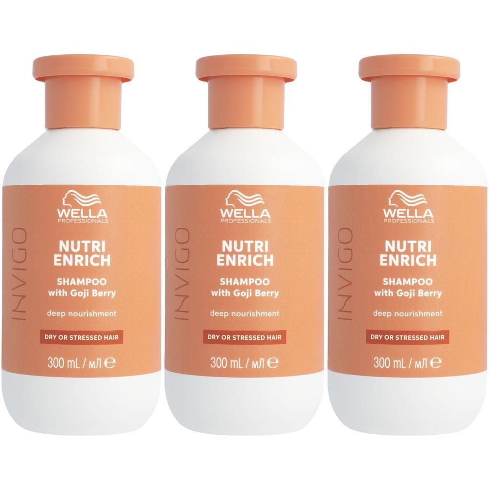 Drie flessen Wella Invigo Nutri Enrich Shampoo voor droog haar, elk 300 ml.