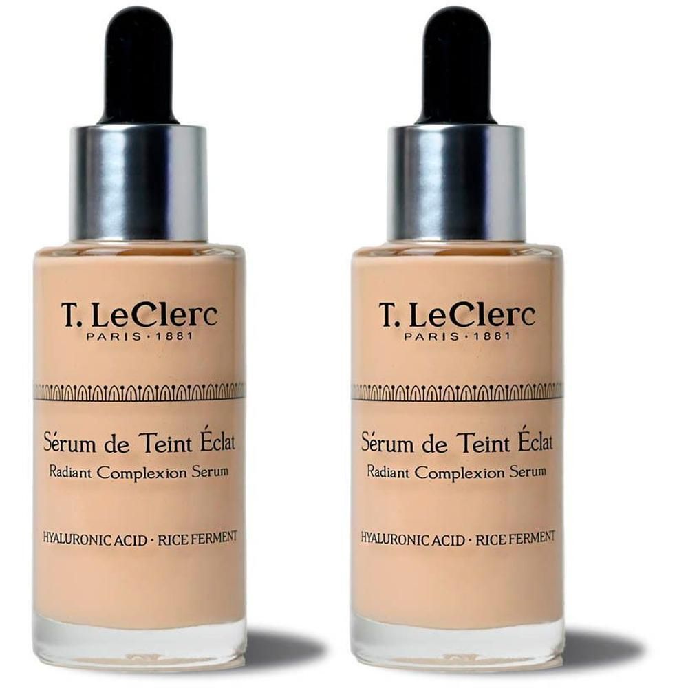 Deux flacons de Sérum de Teint Éclat T.LeClerc avec applicateur compte-gouttes.