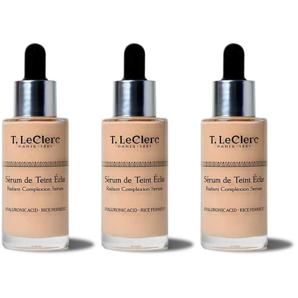 Drie flacons T. LeClerc Sérum de Teint Éclat met druppelaar. Perzik tint.