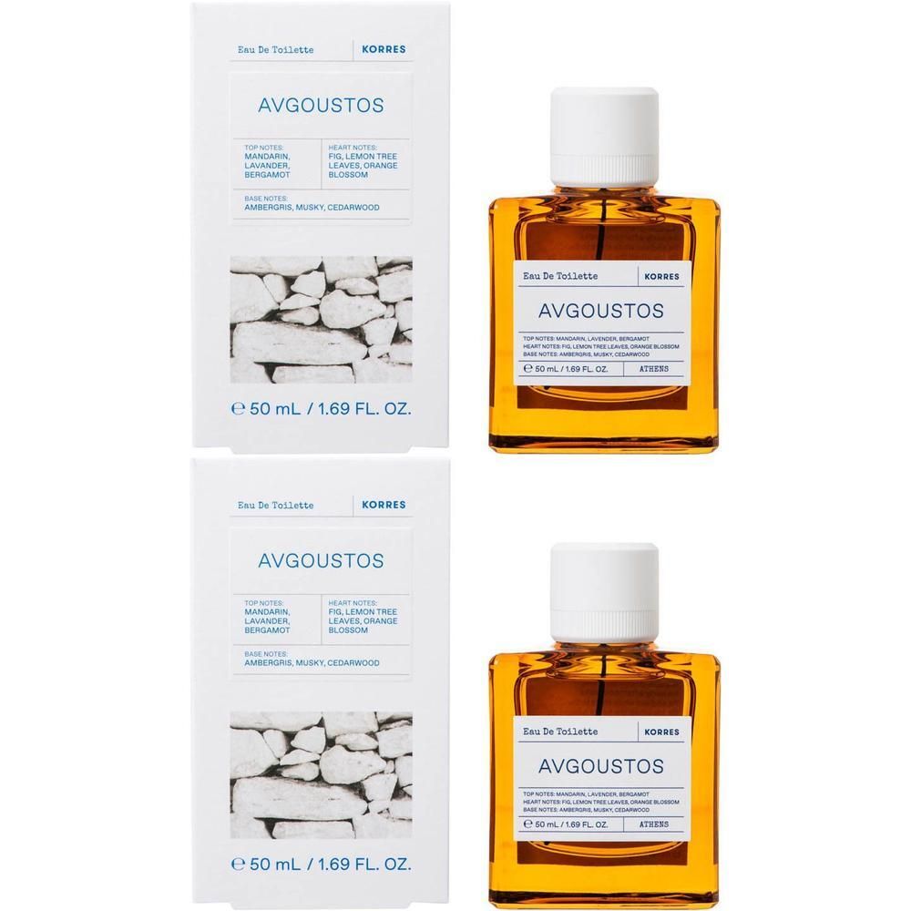 Deux flacons d'Eau de Toilette Avgoustos de Korres avec leurs boîtes blanches. Chaque flacon contient 50 ml.